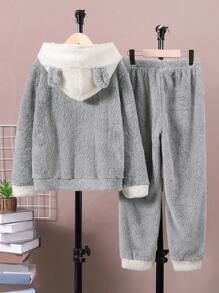 SHEIN 男大童卡通刺繡3D耳朵設計連帽法蘭絨連帽衫和褲子睡衣套裝 - 淺灰色 - 查看 2