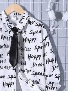 SHEIN Tween Boy Allover Letter Graphic Shirt With Tie - White - View 4