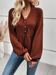 SHEIN Essnce 半排扣落肩袖荷葉邊下擺T恤 - 紅木色 - 查看 6