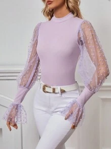 SHEIN Privé Lưới tương phản tay áo lá sen Cổ giả Áo - Màu tím - Xem 3