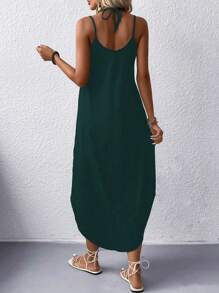EARO European & American Elegant Style Fashion Minimalist Casual Sleeveless Long Solid Color Dress, Commuting Slip Dress, Spring/Autumn New Vacation Style Versatile Knit High Stretch Tie-Waist Slim Fit Comfortable Lining Dress - Green - View 2