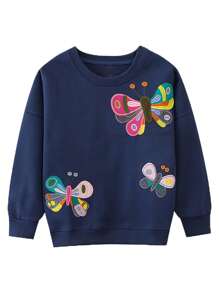 女小童刺繡蝴蝶樣式落肩袖運動衫 - 藏蓝色 - 查看 1