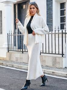 SHEIN Privé 青果領腰帶開襟衫和毛衣半身裙 - 米色 - 查看 6