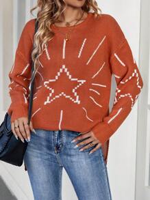 Chiquease Star Pattern Drop Shoulder Knit Pullover Fall Winter Sweater - Brown - View 7