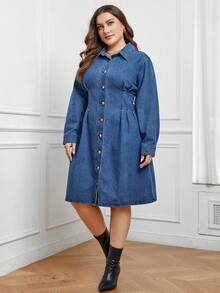 SHEIN Privé Plus Button Front Fold Pleated Detail Denim Dress - Medium Wash - View 6