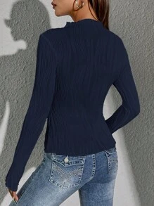 SHEIN Essnce 素色小高領紋理質感T恤 - 藏蓝色 - 查看 2