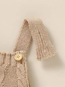 女嬰素色紐扣細節麻花編織連身褲 - 駝色 - 查看 3