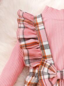 SHEIN Vintaside Kids Baby Girl Mock Neck Tee & Plaid Ruffle Trim Bow Front Overall Jumpsuit, For Christmas - Multicolor - View 5
