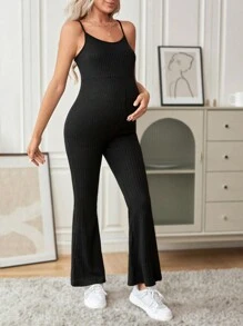 SHEIN 孕婦素色吊帶連體褲 - 黑色 - 查看 5