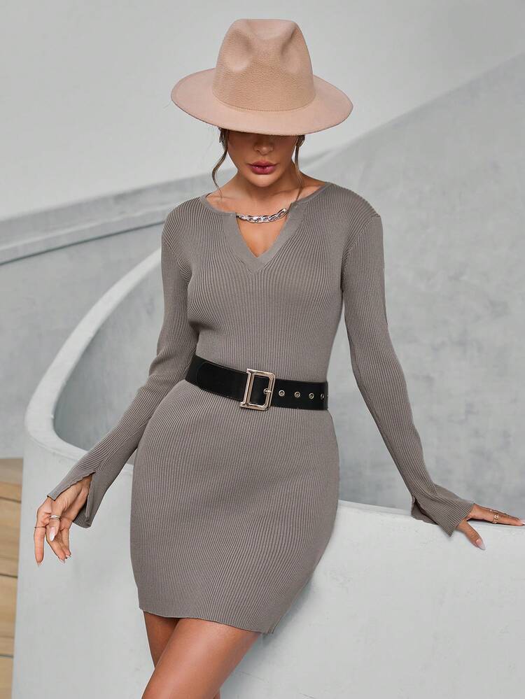 Chain Detail Notched Neckline Bodycon Sweater Dress Fall Cloth For Women
