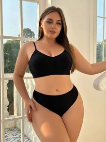 Plus Solid Lingerie Set - Black - View 4