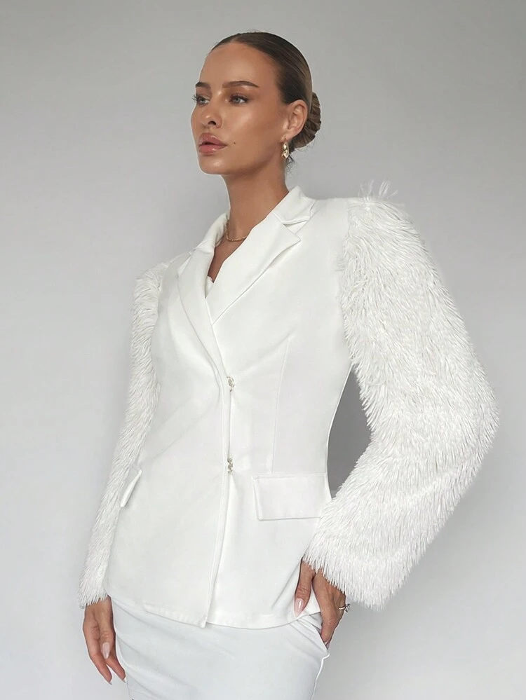 Fuzzy Panel Button Front Blazer