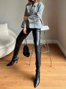 EURMUSE Drawstring Waist PU Leather Pants - Black - View 3