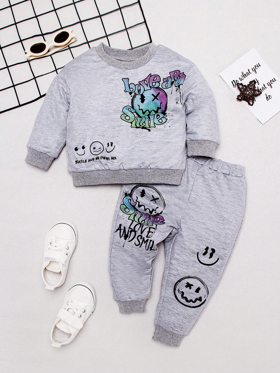 Baby Boy Cartoon Graphic Sweatshirt & Sweatpants - Light Grey - View 1