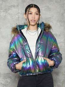 SHEIN Teen Girl Holographic Fuzzy Trim Hooded Padded Coat,In Fall/Winter - Multicolor - View 3