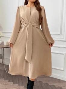 Flirla Plus Lantern Sleeve Knot Front Dress - Apricot - View 5