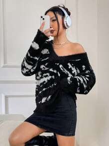 SHEIN Unity Graphic Pattern Drop Shoulder Fuzzy Sweater Knit Pullover Fall Winter Outfit - Black - View 5