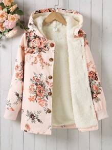 SHEIN 女大童印花毛絨內襯連帽外套 - 彩色 - 查看 1