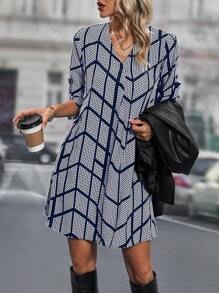 EMERY ROSE Allover Print Notched Neckline Tunic Dress - Royal Blue - View 1