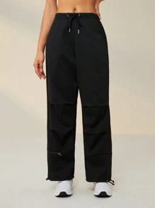 SHEIN Sports Pantalones deportivos de cintura con cordón con bolsillo oblicuo - Negro - Ver 6