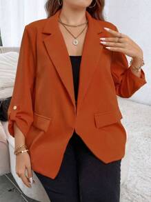 SHEIN Unity Plus Roll Tab Sleeve Open Front Blazer Graduation,Back To School,Teacher Outfits For Women Fall Cloth For Women Autumn - Rust Brown - View 6