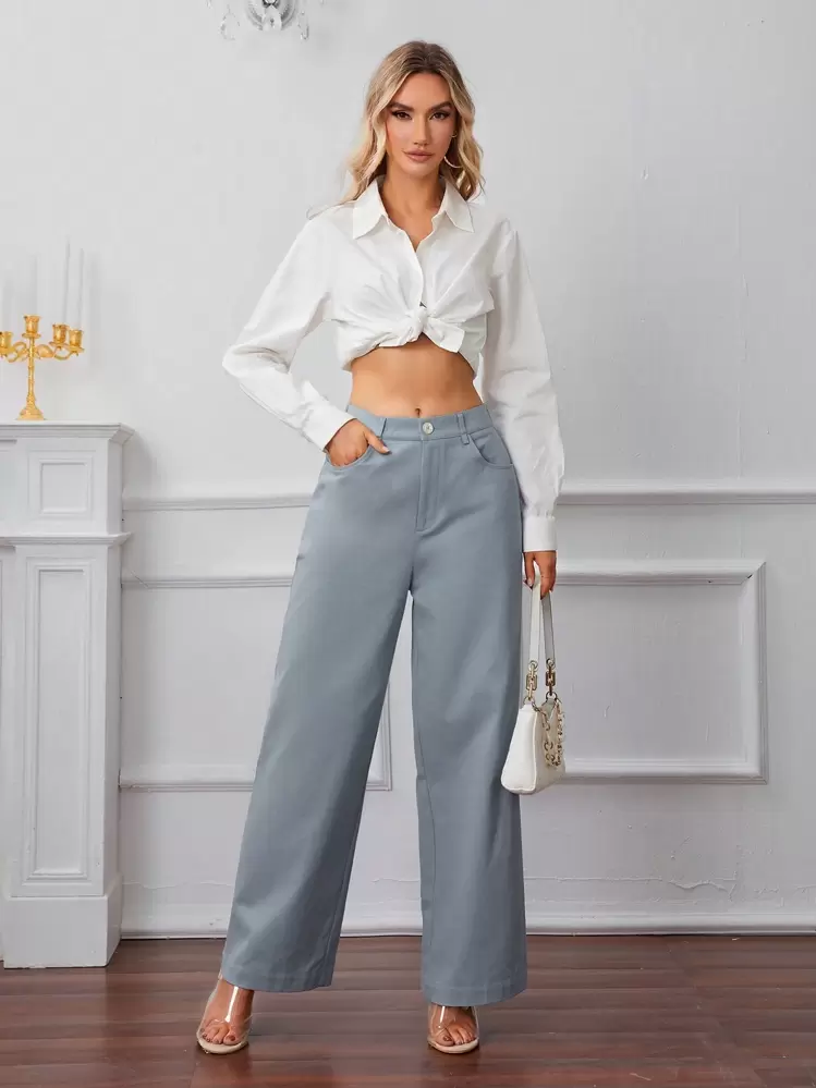 SHEIN Frenchy 100% High Waist Wide Leg Pants Winter - Blue - View 5
