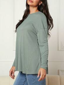 SHEIN Maternity Drop Shoulder Rib-knit Nursing Tee - Green - View 3