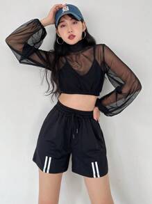 SHEINNeu Mock Neck Crop Mesh Top & Striped Tape Shorts - Black - View 4