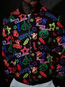 Manfinity VCAY Loose Fit Men's Reflective Letter & Christmas Print Zip Up Bomber Jacket - Black - View 3