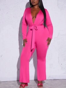 Slaydiva Plus Plunging Neck Belted Jumpsuit - Hot Pink - View 4