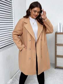 SHEIN LUNE Plus Lapel Neck Double Breasted Overcoat - Khaki - View 3