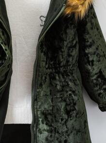 SHEIN Young Girl Fuzzy Trim Thermal Lined Hooded Coat Without Sweater - Olive Green - View 6