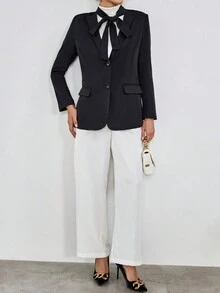 SHEIN Essnce 素色繫帶領紐扣開襟西裝外套 - 黑色 - 查看 5