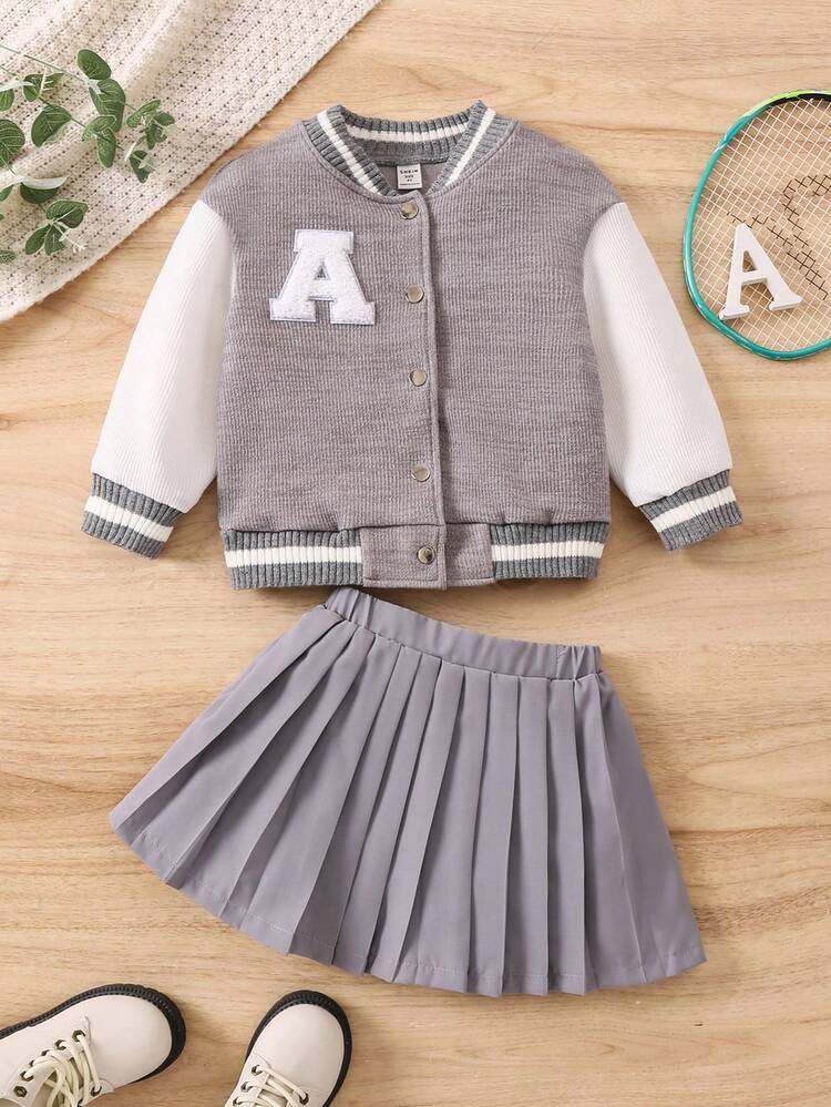 Young Girl Letter Patched Striped Trim Varsity Jacket & Pleated Skirt