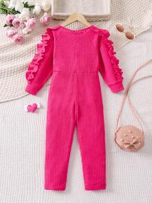 SHEIN 女小童荷葉邊前蝴蝶結插肩袖連身褲 - 玫紅色 - 查看 2