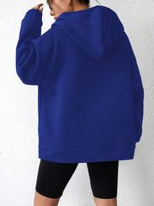 SHEIN EZwear Letter Graphic Zip Up Drop Shoulder Drawstring Hoodie - Royal Blue - View 2