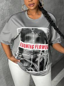 Slaydiva 大碼字母圖案落肩T恤 - 灰色 - 查看 1