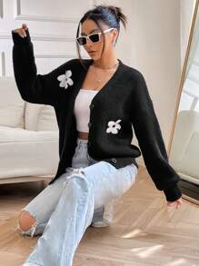 SHEIN Qutie Cárdigan con patrón floral de hombros caídos - Blanco y Negro - Ver 5