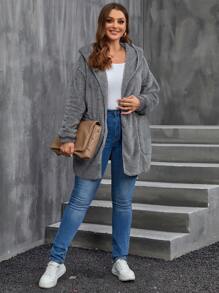 EMERY ROSE Plus Size Autumn And Winter Super Thickened Double Fleece Warm Jacket Women's Fall Women Geometric Pattern Reversible Hooded Fleece Jacket With Pockets