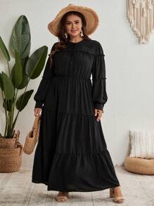 SHEIN VCAY Hơn Tay áo lồng đèn Nhiều lớp Xù Hoa Sen Đầm - màu đen - Xem 6