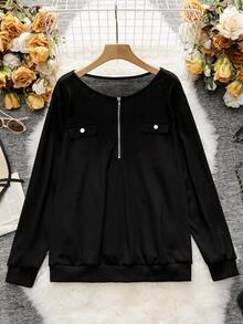 EMERY ROSE Plus Half Zip Flap Detail Sweatshirt - Black - View 5