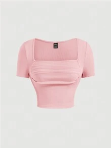 SHEIN MOD Áo thun nữ Gân đan Xù màu trơn Giải trí - Màu Hồng baby - Xem 1