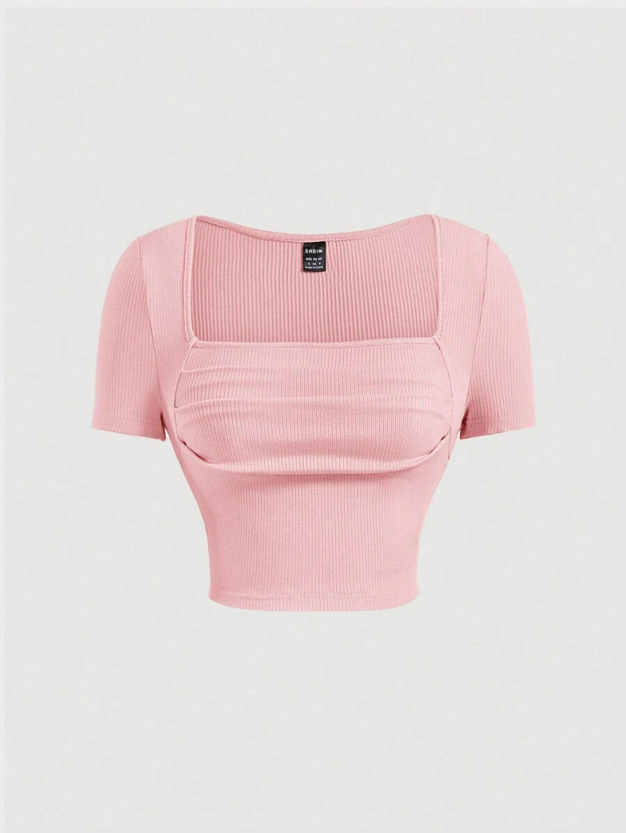 SHEIN MOD Áo thun nữ Gân đan Xù màu trơn Giải trí - Màu Hồng baby - Xem 1