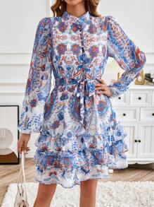 SHEIN Clasi Paisley Print Lantern Sleeve Ruffle Hem Belted Shirt Dress - Royal Blue - View 1
