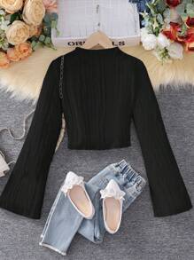 Teen Girls' Knitted Elegant Short T-Shirt With Round Neck And Flare Sleeves - Black - View 1