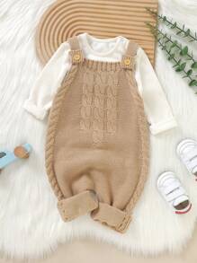 女嬰素色紐扣細節麻花編織連身褲 - 駝色 - 查看 1