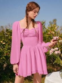 SHEIN MOD Sweetheart Neck Lantern Sleeve Ruched Bust Flare Hem Date Night Pink Dress - Hot Pink - View 4
