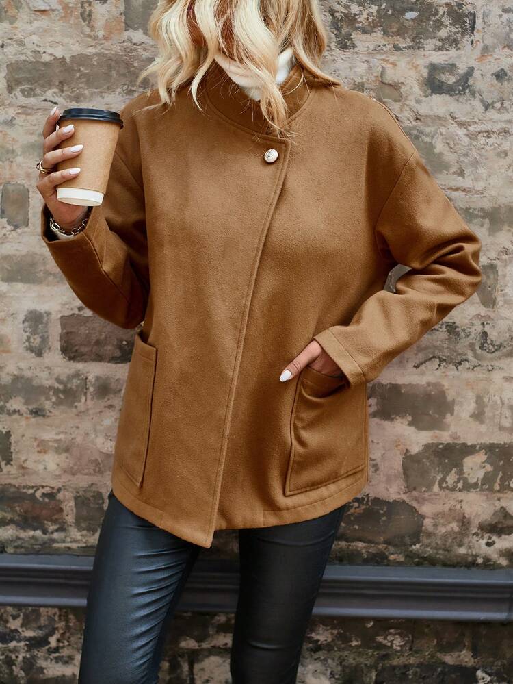Dual Pocket Drop Shoulder Overcoat Fall Cloth For Women