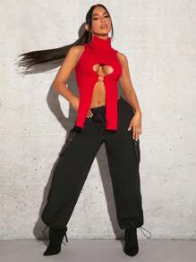 SHEIN SXY 高領露肩不對稱下擺背心短上衣 - 紅色 - 查看 1