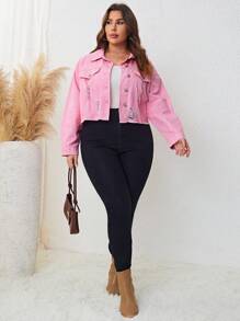 SHEIN LUNE 大碼破洞毛邊落肩袖牛仔夾克 - 粉色 - 查看 6